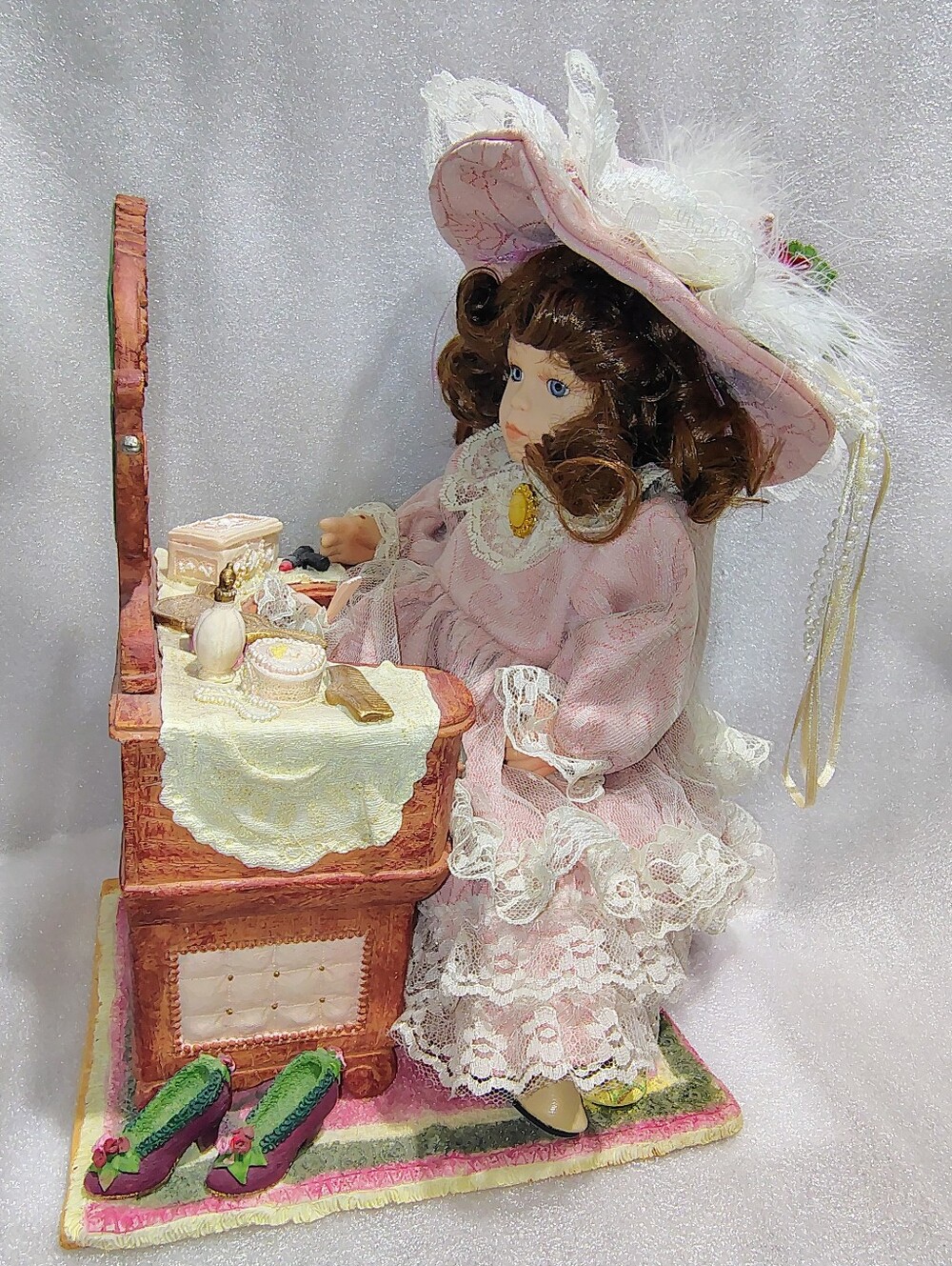 1990s Cracker Barrel Porcelain Victorian Doll Vanity Set Pink Dress Accessories